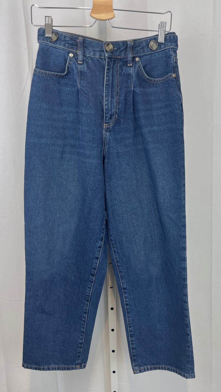 WE THE FREE People Pleated Straight Leg Jeans Button Tab Mom Blue Size 28